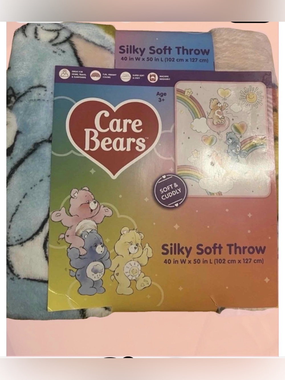 Care Bears Silky Soft Throw Blanket 40x50 Multicolor Rainbows Clouds Polyester